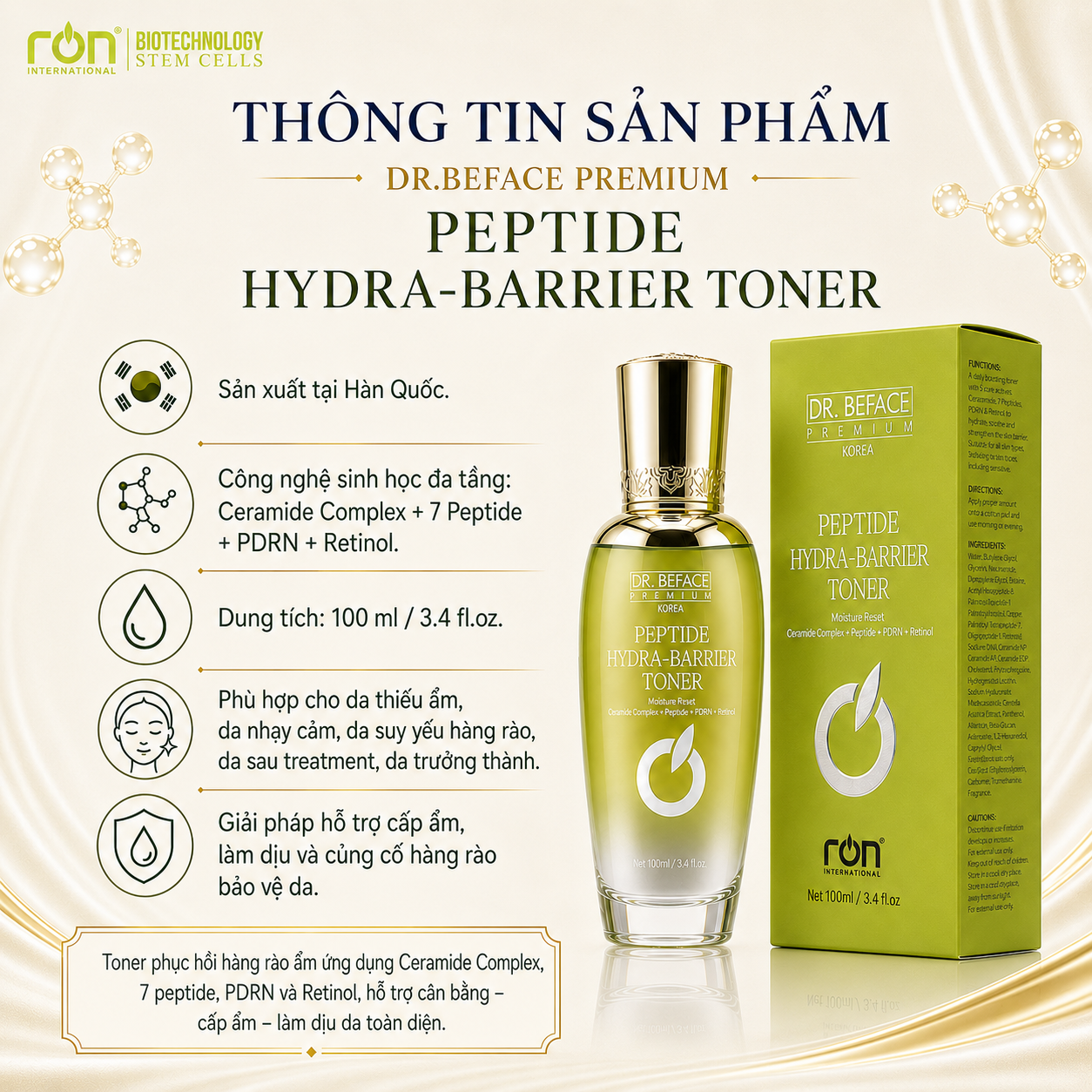 RON DR. BEFACE PREMIUM PEPTIDE HYDRA-BARRIER TONER/Toner Peptide phục hồi hàng rào bảo vệ da